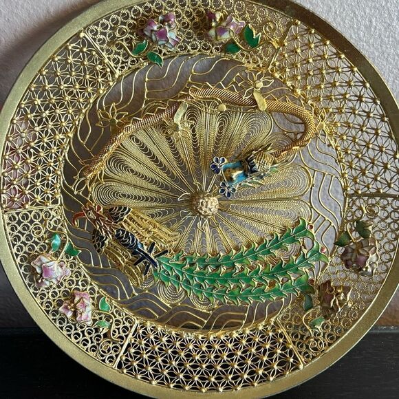 Chinese gold filigree enamel 3D dragon Phoenix decorative plate - Picture 12 of 14